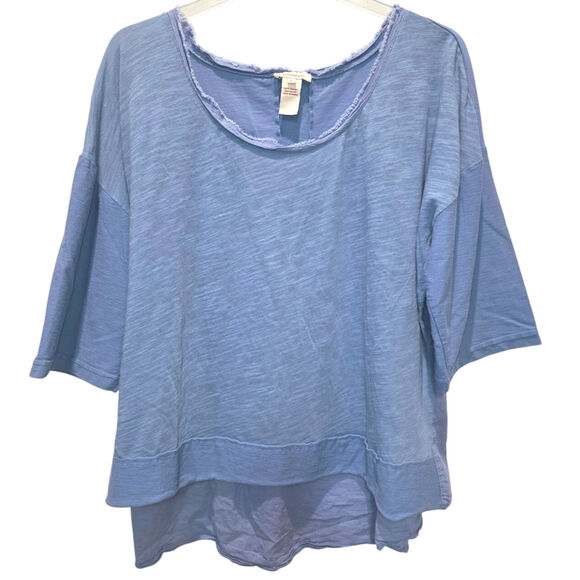 Sundance Mix Media Blouse 3/4 Sleeve Peplem Sz Large Blue Faux Button Back - Picture 1 of 12